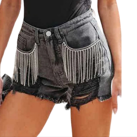Black Distressed Frayed Detail Fringe Rhinestone Denim Shorts - Picture 4 of 11